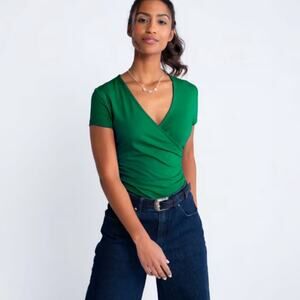 Kettlewell Faux Wrap Cap Short Sleeve Grass Green Cotton Modal Top LL US 12